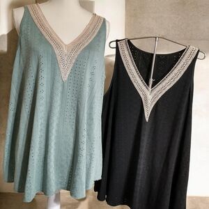 Sleeveless Crochet Trim Tops in Black and Green